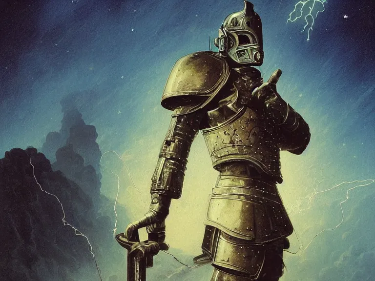 Prompt: a detailed profile painting of a bounty hunter in engraved knight armour and visor. cinematic sci-fi poster. Cloth and metal. Welding, fire, flames, samurai Flight suit, accurate anatomy portrait symmetrical and science fiction theme with lightning, aurora lighting clouds and stars. Clean and minimal design by beksinski carl spitzweg giger and tuomas korpi. baroque elements. baroque element. intricate artwork by caravaggio. Oil painting. Trending on artstation. 8k