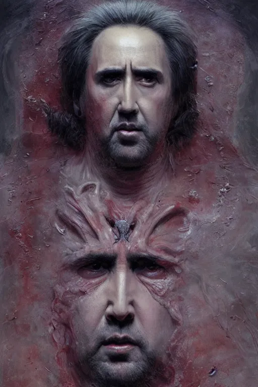 Image similar to Angel Nicolas Cage face with nimbus, dark fantasy, intricate, highly detailed, smooth, artstation, painted by Wayne Barlowe, Greg Rutkowski, zdislav beksinski, Francis Bacon