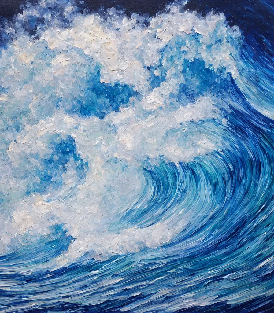 Prompt: an impasto oil painting of one single beautiful hawaiian wave, monochromatic color scheme, high detail, breathtaking wave, modern art, abstract art, soft colors, inverted colors