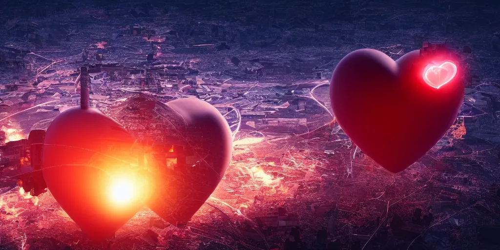 Prompt: Nuclear bomb in the shape of a heart , realistic 4k octane beautifully detailed render, 4k post-processing, highly detailed, intricate complexity, epic composition, magical atmosphere, cinematic lighting, masterpiece, ultra hd