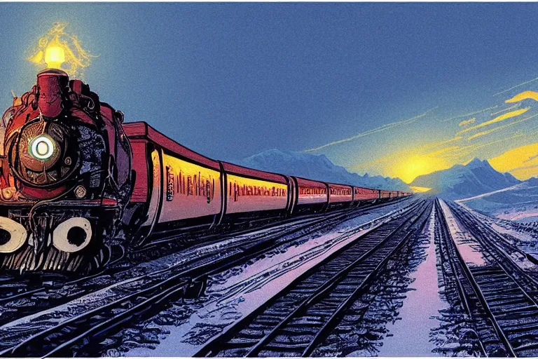 Prompt: trans - siberian express train illustration by joe fenton and syd mead and p. craig russell and barry windsor - smith, artstation, 4 k, graphic novel, concept art, matte painting, beautiful russian winter landscape sunset background, golden hour, art nouveau