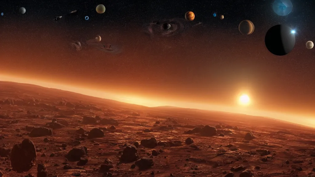 Image similar to terraforming mars played by God!!, solar system view with ui, film still from the movie directed by Denis Villeneuve, wide lens