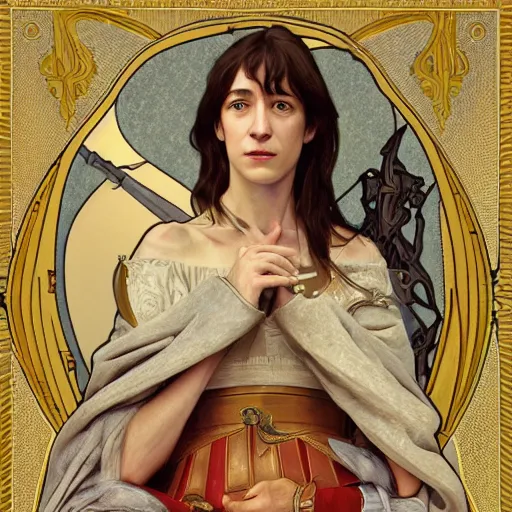 Image similar to portrait of charlotte gainsbourg as joan of arc, hyperreal digital painting, iconography influenced by alphonse mucha and eugene delacroix, arstation and deviantart trends, high resolution 8 k