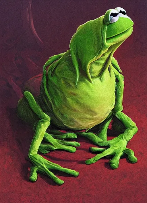 Image similar to portrait of Kermit the frog in Evil Dead (2013), highly detailed, centered, solid color background, digital painting, artstation, concept art, smooth, sharp focus, illustration, artgerm, donato giancola, Joseph Christian Leyendecker, Les Edwards, WLOP, Basil Gogos, Artgerm