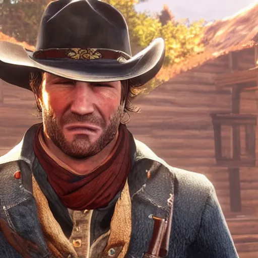 Prompt: Arthur Morgan using a smartphone