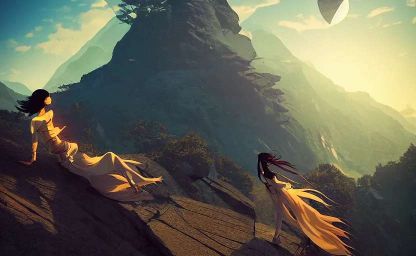 Image similar to Himalayan in a futuristic temple, beautiful flowing fabric, sunset, dramatic angle, dynamic pose, 8k hdr pixiv dslr photo by Makoto Shinkai ilya kuvshinov and Wojtek Fus