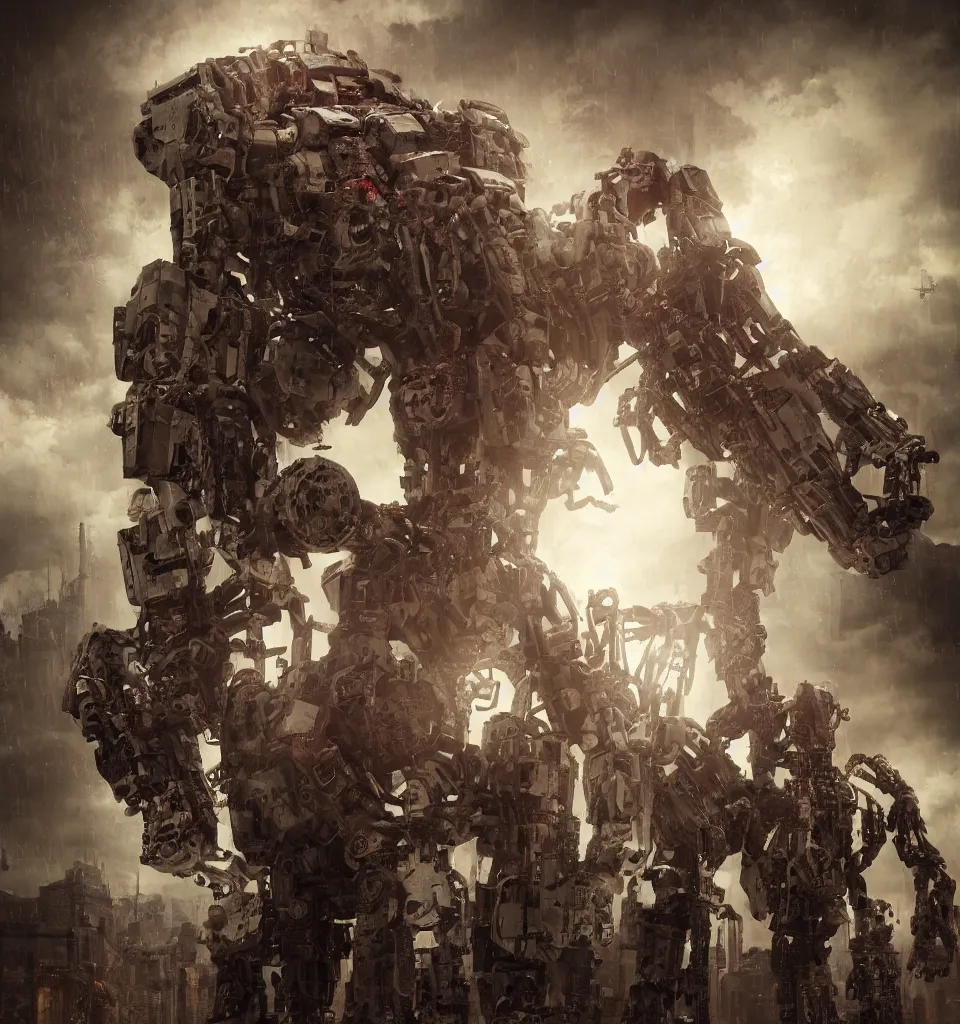 Image similar to cinematic full body portrait of a zombie heavy mech with flesh, by kow yokoyama, maschinen krieger, hobby japan, stormy post apocalyptic cyberpunk gothic city, highly detailed, shot with canon 5 d mark ii, face detail, rob bottin, rick baker, jordu schell, artstation, cg society, soft illumination