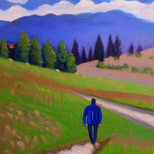 Image similar to guy in a blue jacket, landscape, oil painting