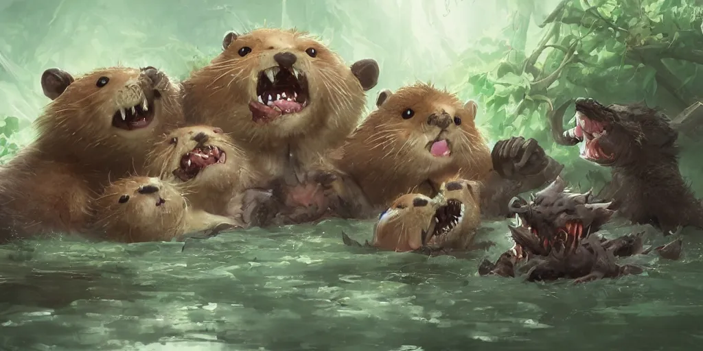 Prompt: cute evil furry chibi otters with sharp teeth disgorge and devour hapless horrified peasants in a swamp. the river runs red. fantasy anime. wicca, fae, pagan, norse and keltic mythology. an epic action game anime keyframe by jesper ejsing, by rhads in the style of demon slayer.