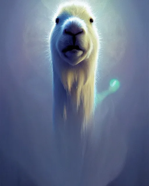 Image similar to complete and delicate portrait of a white capybara, beautiful, agile, fairy, myth, legend, detailed, trending on artstatioin, light effects, kilian eng, john harris, bastien lecouffe - deharme