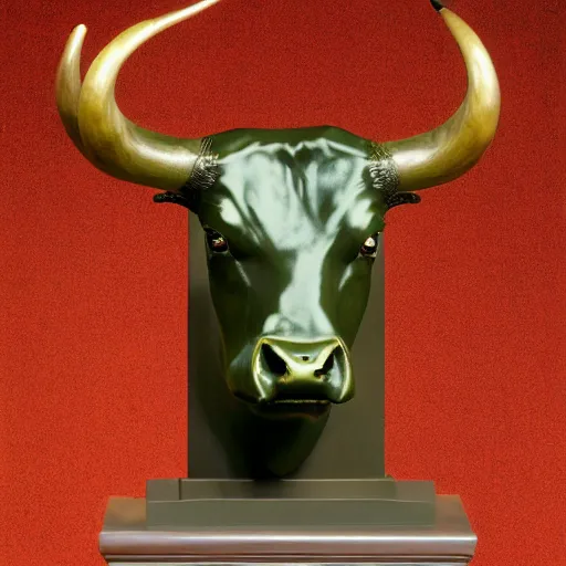 Prompt: professional color photograph of a patinated bronze portrait bust of an angry Texas Longhorn Bull, 3/4 view supported by a bronze plinth, by (Auguste Rodin), (Jean-Leon Gerome), FREDERIC REMINGTON