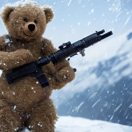 Image similar to cinematic shot of a teddy bear as a special forces soldier holding a sniper rifle in a snowy mountain range, 8 k, depth of field, very detailed,