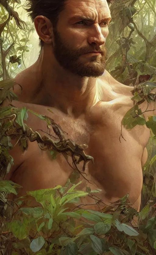 Image similar to god of the forest, 30 years old, rugged, male, gorgeous, detailed face face face face, amazing, thighs thighs thighs thighs, muscular, intricate, highly detailed, digital painting, artstation, concept art, sharp focus, illustration, art by greg rutkowski and alphonse mucha