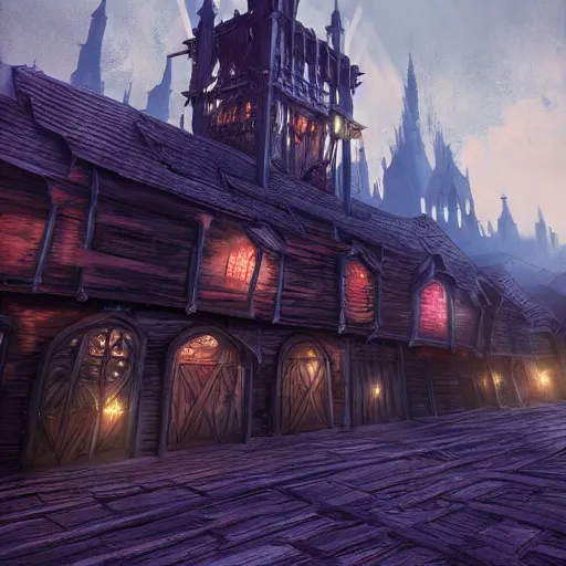 Image similar to medeival fantasy town, slight ruination, night, tall wooden palisade!! connecting buildings, artstation