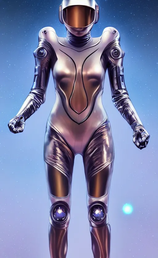 Prompt: beautiful hourglass feminine cyborg in full body skin space suit, helmet, concept art by artgerm, joshua rife, photoshoot, intricate, highlydetailed, space background, artstation 4 k raytracing, shadows, highlights, illumination