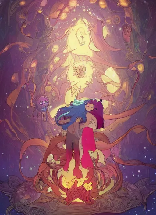 Prompt: adventure time, fire princess and finn hugging, surrounded by starlight, moon behind, chinese fantasy, intricate complexity, elegant, hyper detailed, scattered diffusion, ultra definition, photoreal, artstation, unreal engine rendered, concept art, smooth, sharp focus, illustration, art by artgerm and pendleton ward and alphonse mucha and garis edelweiss