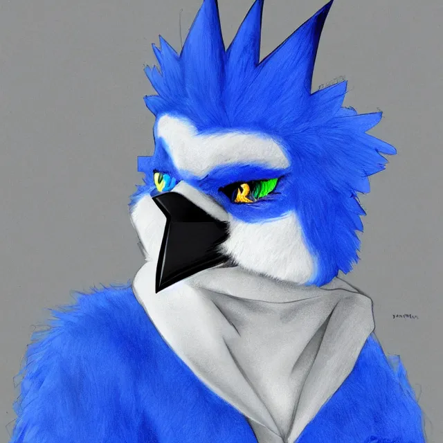 Prompt: a person wearing a fursuit of a blue jay fursona, fursona, furry convention, hotel lobby, indoors, digital art, furry fandom, artstation, deviantart, ref sheet,