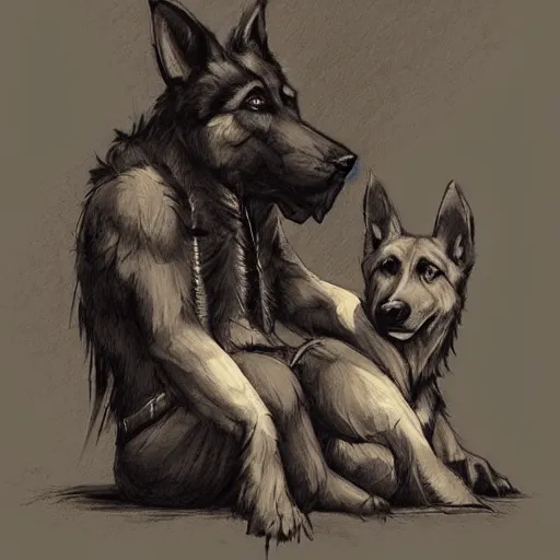 Image similar to two humanoid german shepherds beast - men, sitting on a couch and hugging together, artstation, concept art, smooth, sharp foccus ilustration, artstation