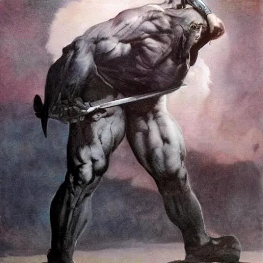 Image similar to by Frank Frazetta style, barbarian with extraordinary muscle structure with long sword, wide view, deep depth of field, denoise