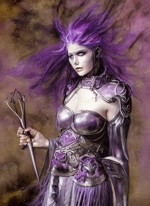 Image similar to portrait of young female sorceress of the endtimes, transluscent skin, silver filigreed armor, lavender hair, beautiful! coherent! dungeons and dragons character, by brian froud, strong line, cool night color, high contrast