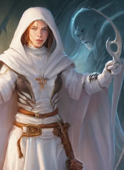 Image similar to female priest in white cloak, ultra detailed fantasy, dndbeyond, bright, colourful, realistic, dnd character portrait, full body, pathfinder, pinterest, art by ralph horsley, dnd, rpg, lotr game design fanart by concept art, behance hd, artstation, deviantart, hdr render in unreal engine 5