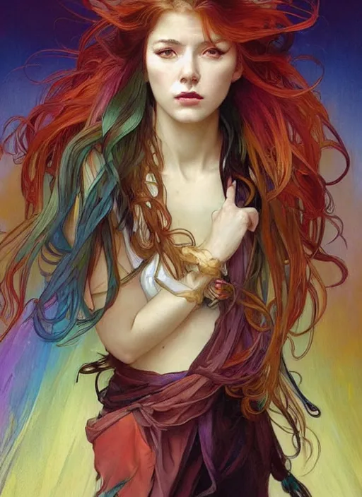 Prompt: a young woman with beautiful rainbow hair. she looks very angry. beautiful painting by artgerm and greg rutkowski and alphonse mucha lois van baarle