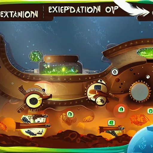 Prompt: Expedition at the bottom of the sea, machinery, game style