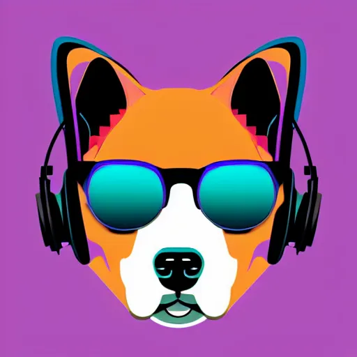 Prompt: a closeup of a shiba inu face with headphones and sunglasses in retro colors, synthwave style, 2 d digital vector art