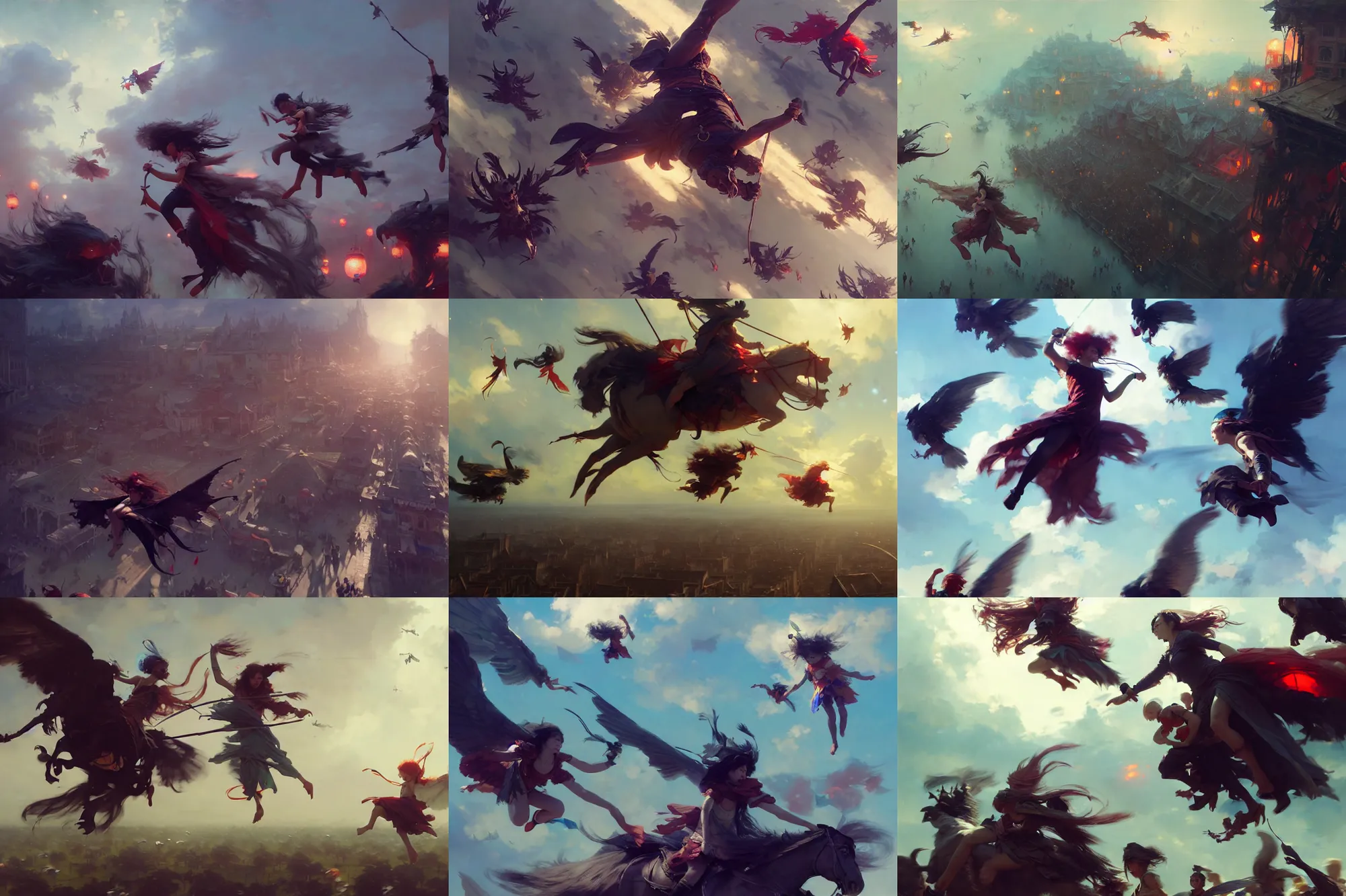 Prompt: young witches flying above explore small town carnival carnival, highly detailed, digital painting, concept art, matte, art by ruan jia and wlop and greg rutkowski and makoto shinkai, masterpiece