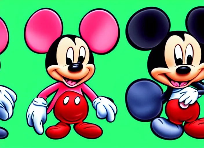 Image similar to mickie mouse in 2 d, side, front view, isometric, in the style of disney