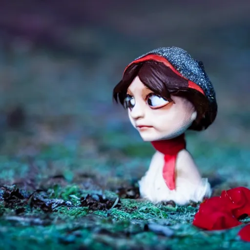 Prompt: a cinematic film still of a claymation stop motion film starring emma watson as little red riding hood, and realistic wolf, shallow depth of field, 8 0 mm, f 1. 8