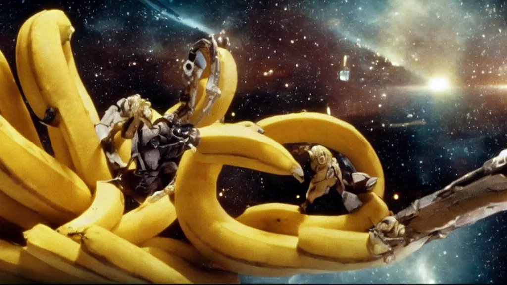 Image similar to a giant monster made of bananas and fries killing crew on star trek, film still from the movie directed by Denis Villeneuve with art direction by Salvador Dalí, wide lens