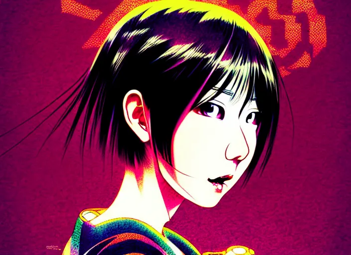 Image similar to editorial illustration colorful, anime portrait of shiina ringo, katsuhiro otomo, manga, ilya kuvshinov, fine texture, realistic shading, fine details, matte colors, film noir, dramatic lighting, dynamic composition, mucha, moody, vivid, volumetric, stippled lighting