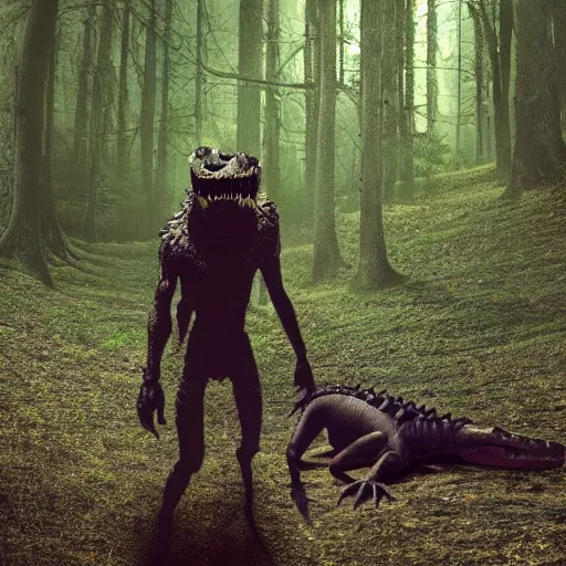 Image similar to werecreature consisting of a alligator and a human, werealligator, photograph captured in a dark forest