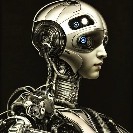 Image similar to a futuristic robot artist portrait by caravaggio, dark, detailed, intricate, extreme details, cinematic