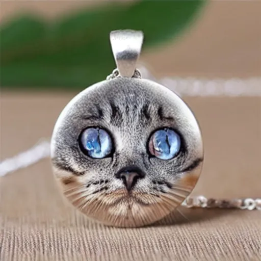 Image similar to sleeping cat shaped silver necklace, photo realistic