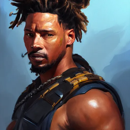 Image similar to greg manchess portrait painting of killmonger as an overwatch character, medium shot, asymmetrical, profile picture, organic painting, sunny day, matte painting, bold shapes, hard edges, street art, trending on artstation, by huang guangjian and gil elvgren and sachin teng