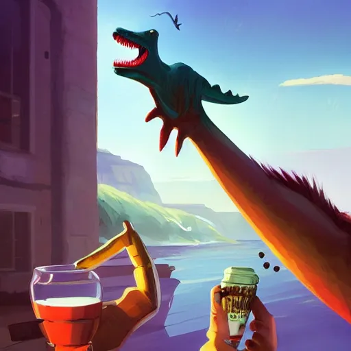 Image similar to barnie the dinosaur holding a broken beer bottle, art gta 5 cover, official fanart behance hd artstation by jesper ejsing, by rhads, makoto shinkai and lois van baarle, ilya kuvshinov, ossdraws