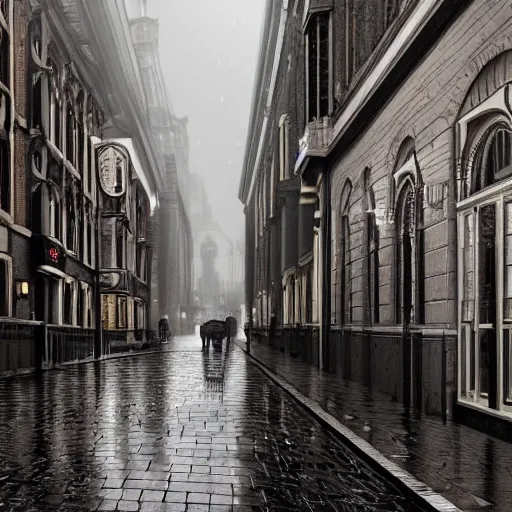 Prompt: rainy victorian city, 8k, ultrarealistic, ultra hd, gloomy, photorealistic