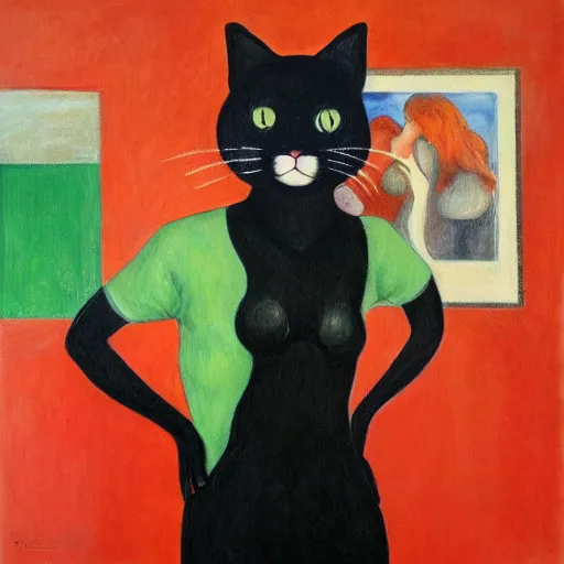 Image similar to black cat with human face in style of Petrov-Vodkin, 4k, hyper realistic,