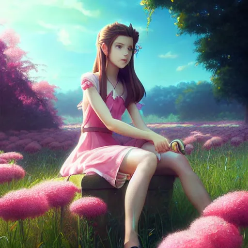 Image similar to aerith from final fantasy 7 by tom bagshaw, sitting in a flower field by ilya kuvshinov, rtx reflections, maya, extreme high intricate hyperrealistic details by wlop, digital anime art by ross tran, medium shot, composition by sana takeda, dramatic lighting by greg rutkowski