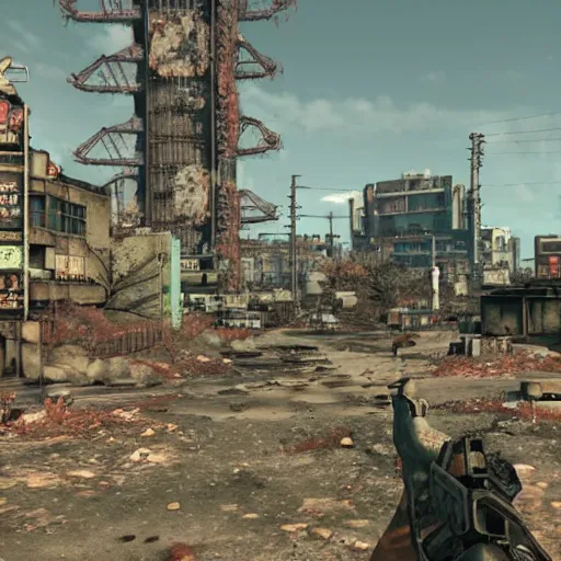 Image similar to Osaka in ruins post-nuclear war in Fallout 4, in game screenshot