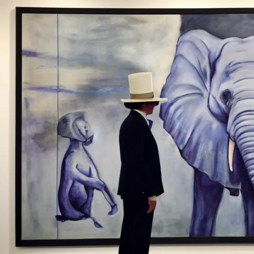 Image similar to in an art gallery, there is a huge painting of an elephant by marlene dumas. a man in a top hat and a suit is looking up at the painting. cgsociety, surrealism, surrealist, dystopian art, purple color scheme