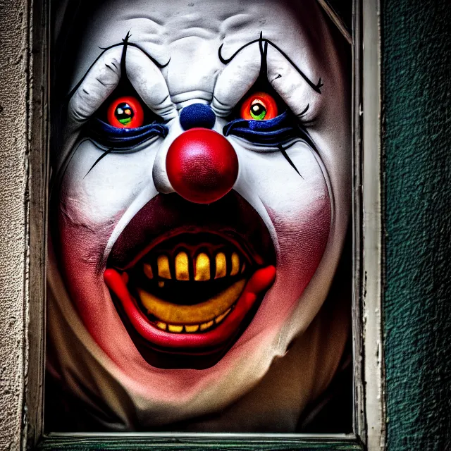 Prompt: far away shot of a scary clown looking through your window, highly detailed, 8 k, hdr, smooth, sharp focus, high resolution, award - winning photo