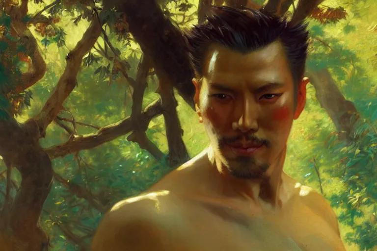 Prompt: attractive male, ghost of tsushima, colorful, forest, painting by gaston bussiere, craig mullins, j. c. leyendecker, tom of finland