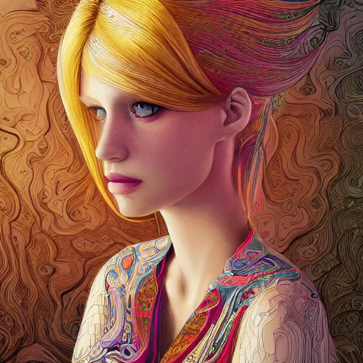 Image similar to a portrait of an incredibly beautiful, colorful, graceful, elegant, and sophisticated young blonde girl made of garlic, an ultrafine detailed illustration by james jean, intricate linework, bright colors, final fantasy, behance contest winner, vanitas, angular, altermodern, unreal engine 5 highly rendered, global illumination, radiant light, detailed and intricate environment