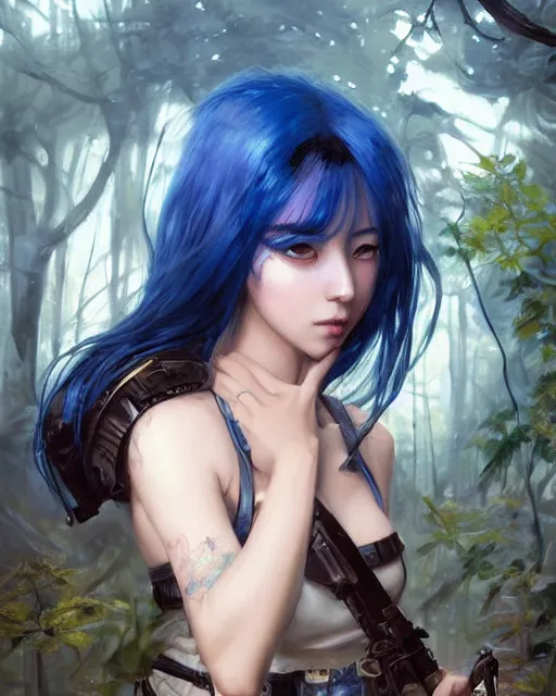 Prompt: stunningly beautiful girl with blue hair, dj sura face fantasy art, military girl, army girl outfit, soldier helmet, jungle background, dark light night, sharp focus, digital painting, 8 k, concept art, art by wlop, artgerm, greg rutkowski and alphonse mucha