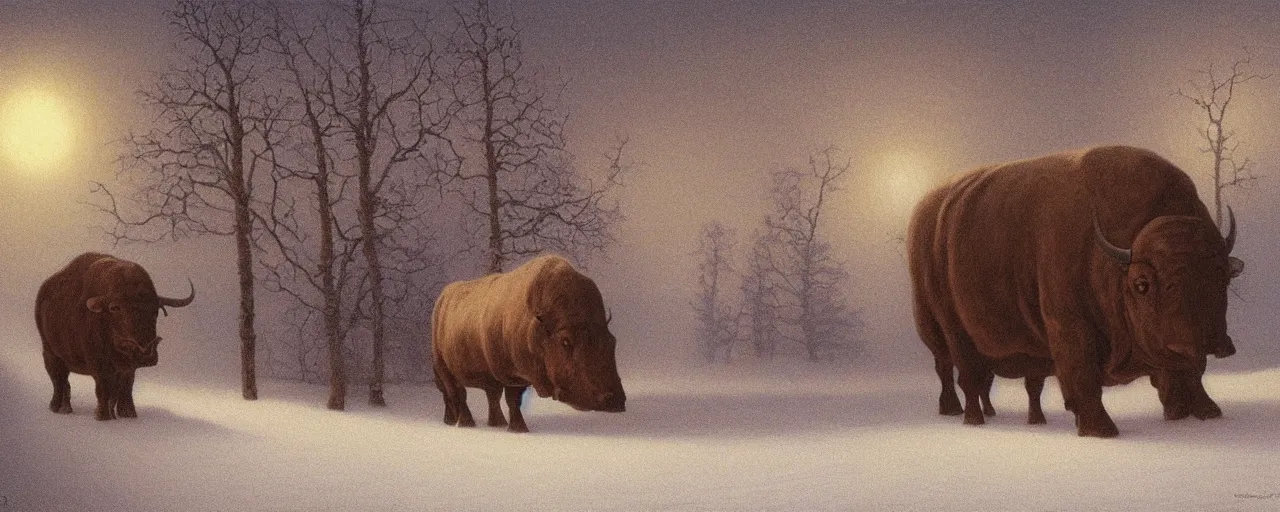 Image similar to the tunnel into winter, cottagecore, giant bull inside church, glowing eyes, by Baksinsky, painted by Quint Buchholz and Carl Gustav Carus, oil on canvas