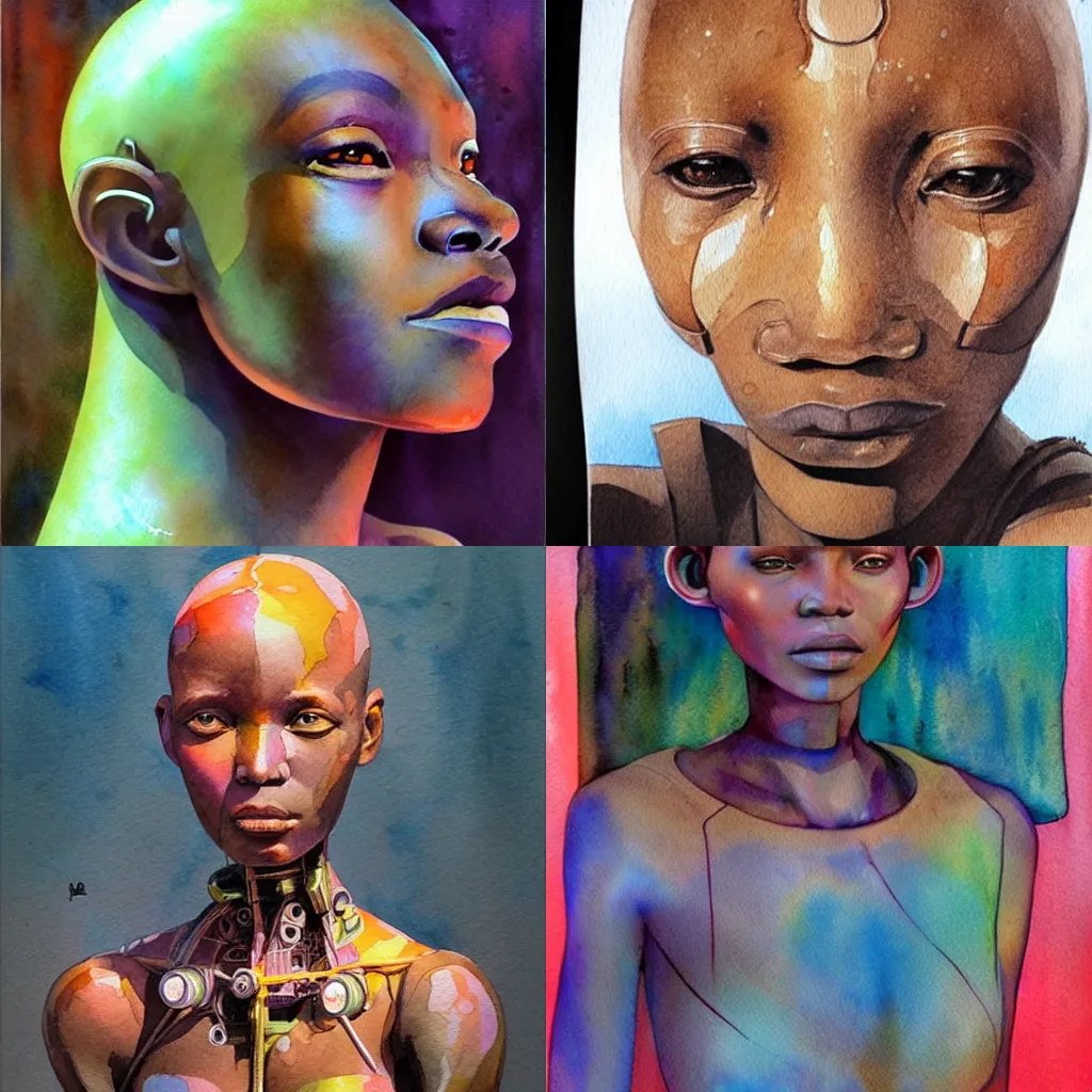 Prompt: beautiful futuristic himba woman, robotic arms, weightless in space, hyperrealistic, scifi, concept art, watercolor, portrait, soft light