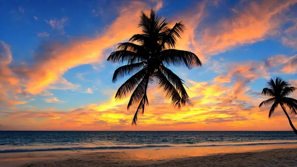 Prompt: A beach with a beautiful sunset with palm trees